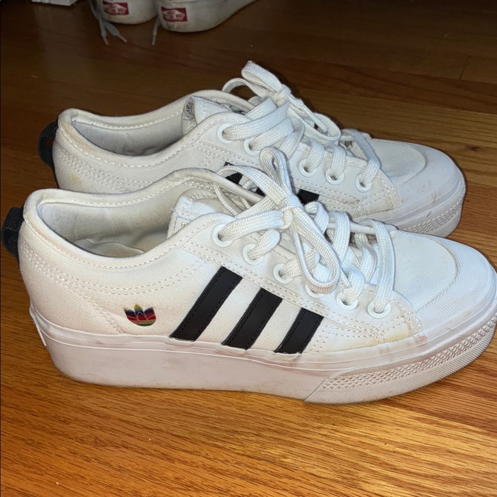 White Platform Adidas Sneakers with Black Stripes